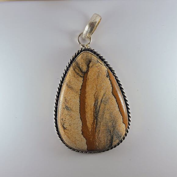 Sterling Silver Picture Jasper Pendant Teardrop Earth Tone 2.5" with Chain - Picture 5 of 9